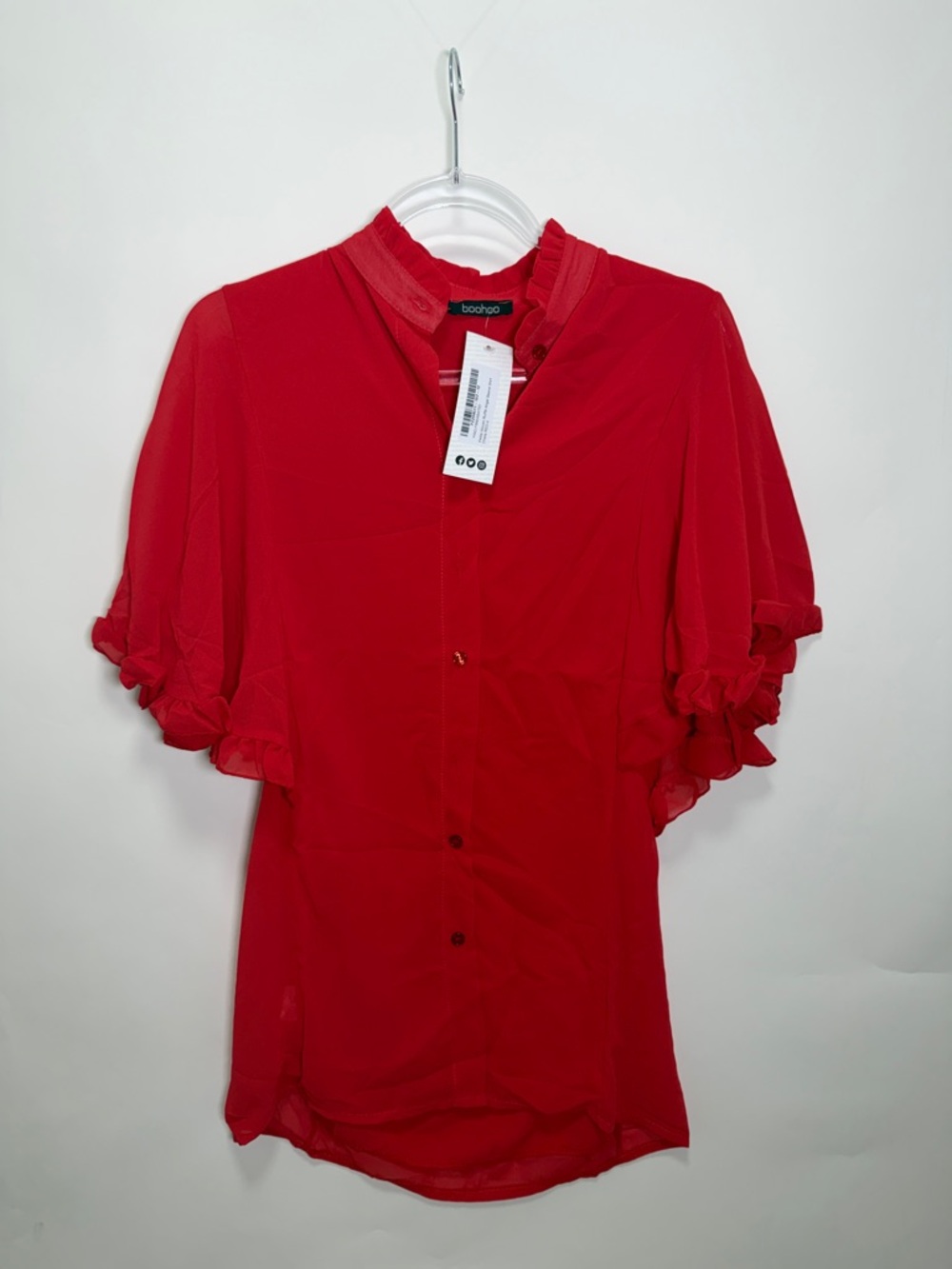 Vibrant Red Ruffle Sleeve Button-Up Shirt Dress